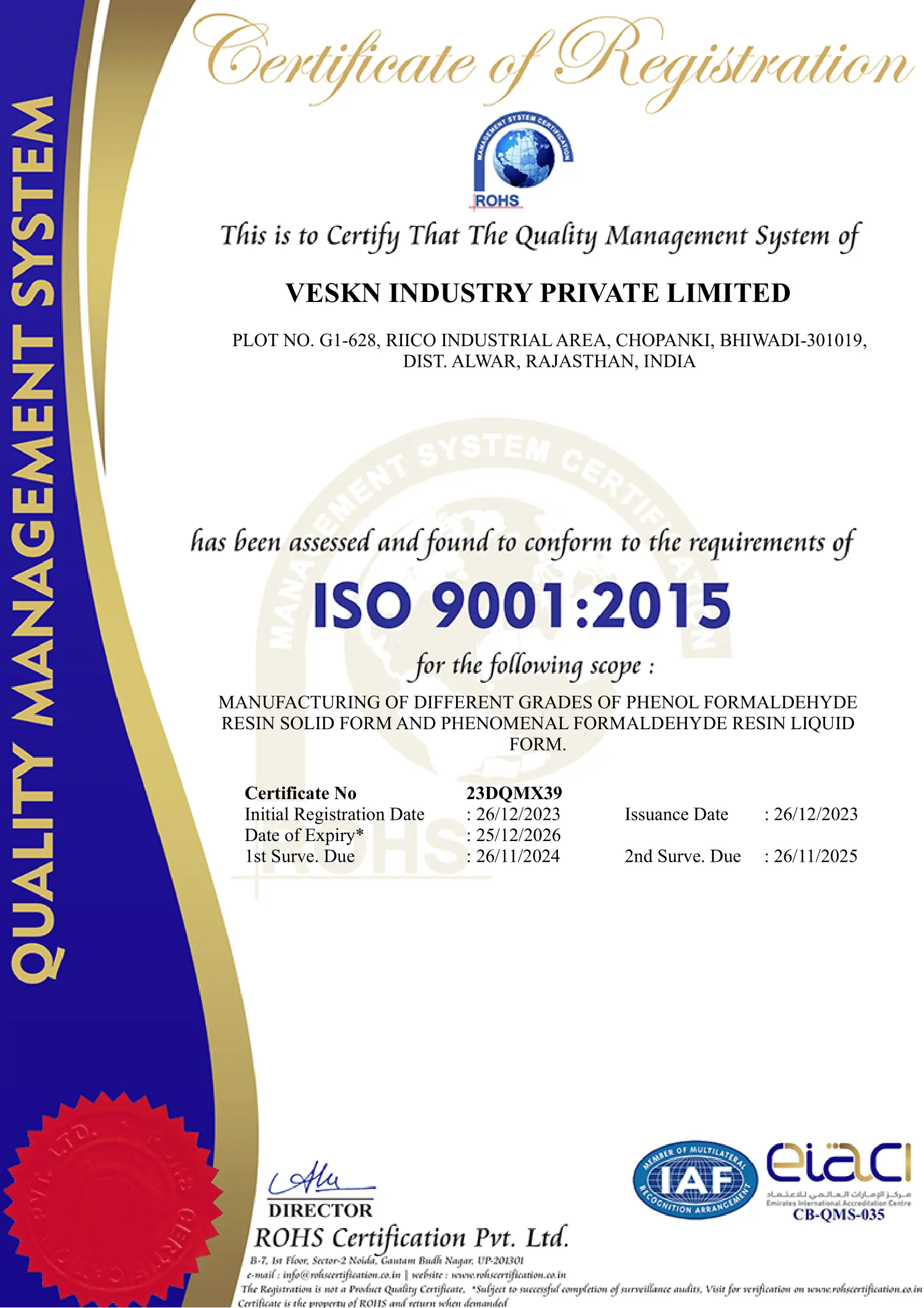 Veskn ISO Registration Certificate